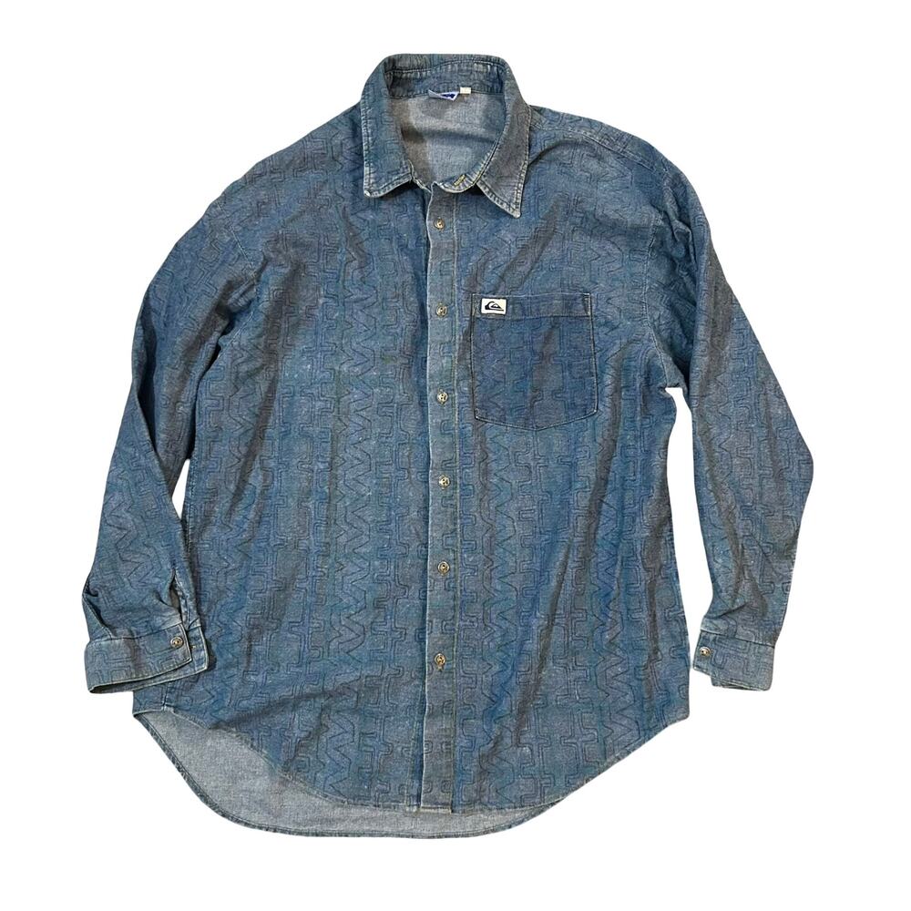 Vtg Quiksilver Denim Button Up Shirt Mens Large Blue Geometric Skater Surf